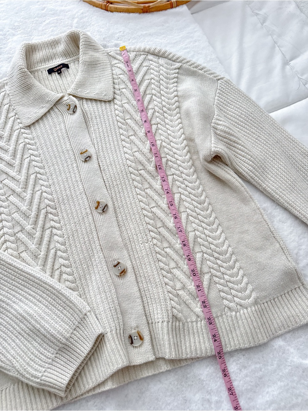 Quince Australian Merino Wool Women's Collared Cable Cardigan Heather Bone Cream - Picture 13 of 13